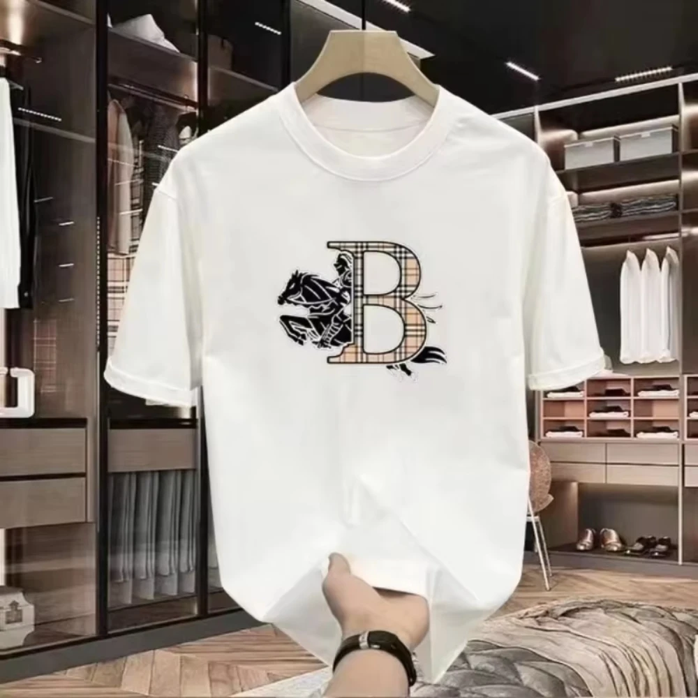 2026 Men Basic Crew Neck Tshirt Vintage Plaid Letter Knight Steed Printed Short Sleeve Solid Color Casual Shirts