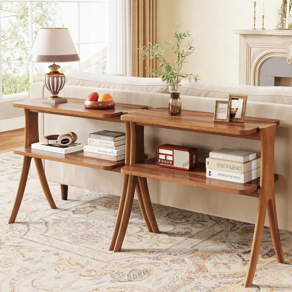 

Side Table for Living Room, Farmhouse End Table with 2-Tier Storage Shelf and Solid Wood Legs, Nightstand