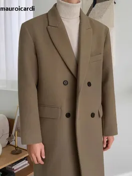 Men's Camel Wool Blend Coat 4 Mauroicardi Autumn Winter Long Warm Camel Black Woolen Coat Men Double Breasted Korean Style Wool Blends Overcoat with Back Slit 4