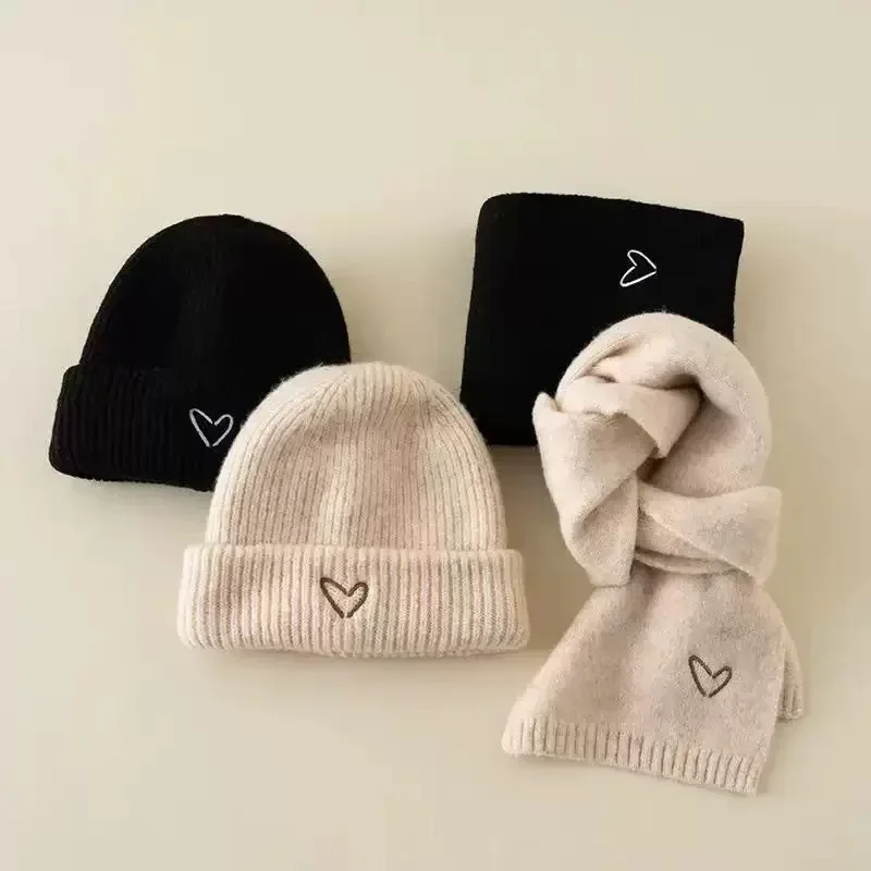 

Solid Color Kids Knitted Hat Scarf Love Heart Embroidery Autumn Winter Warm Baby Beanie Outdoor Anti-cold Boys Girls Cap Scarves