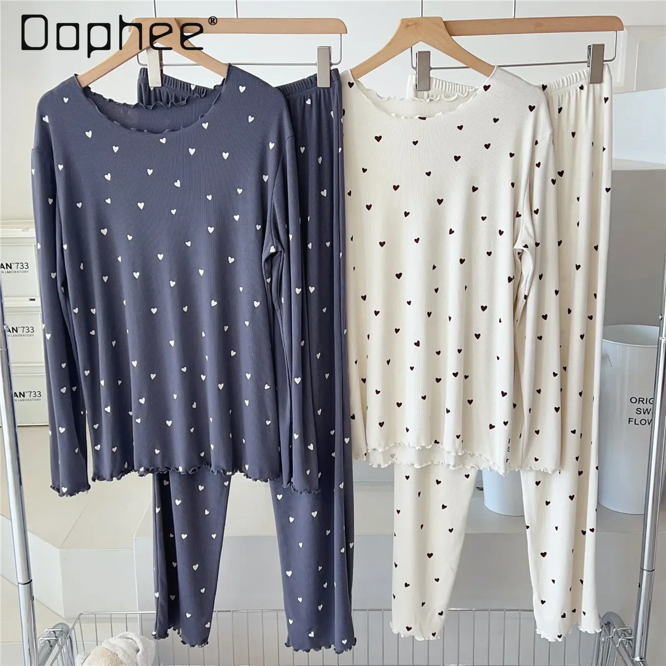 Threaded Cotton Heart Print Pajamas for Women Long Sleeve Elastic Round Collar Sleepwear Three Piece Sets Home Clothing