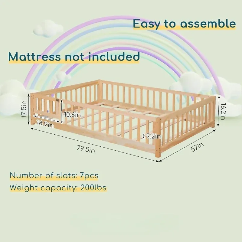 Cama de piso completo com guardas de segurança e ripas, estrutura de cama de chão para crianças em tamanho real para meninas e meninos, cama de chão montessori de madeira