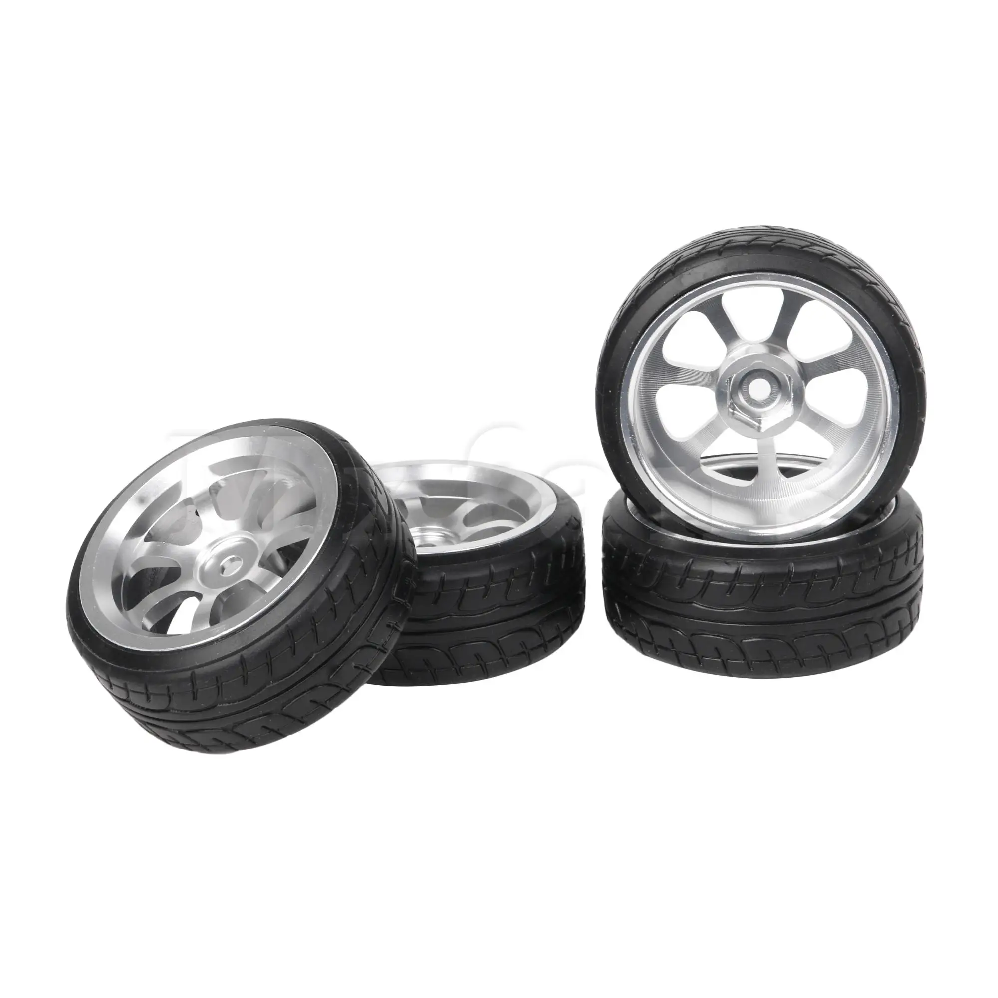 

4 Pcs Black Plastic Tires & Al. 7-Spoke Wheel Rim for RC1:10 On Road Car