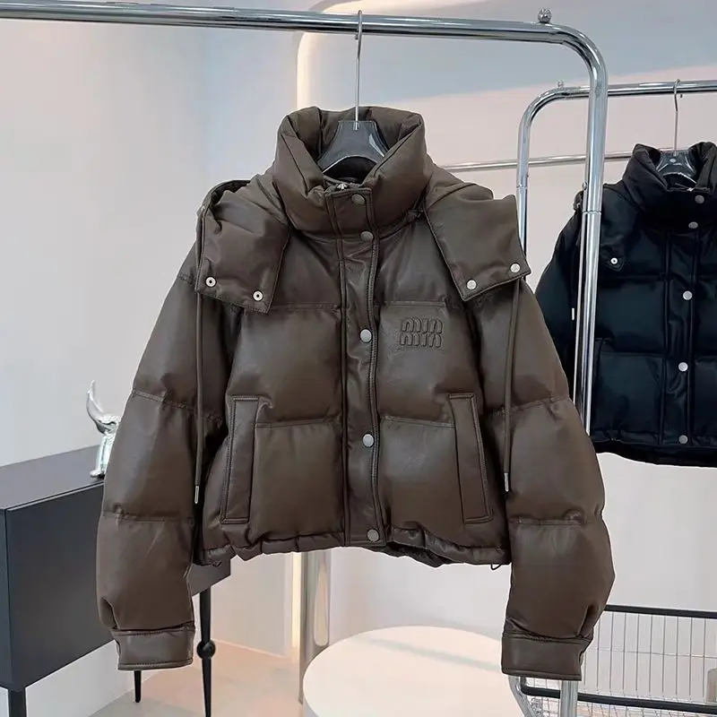 

Winter Thick Warm Short Parkas Women Fashion Black PU Leather Coats Women Elegant Zipper Cotton Jackets Female Ladies