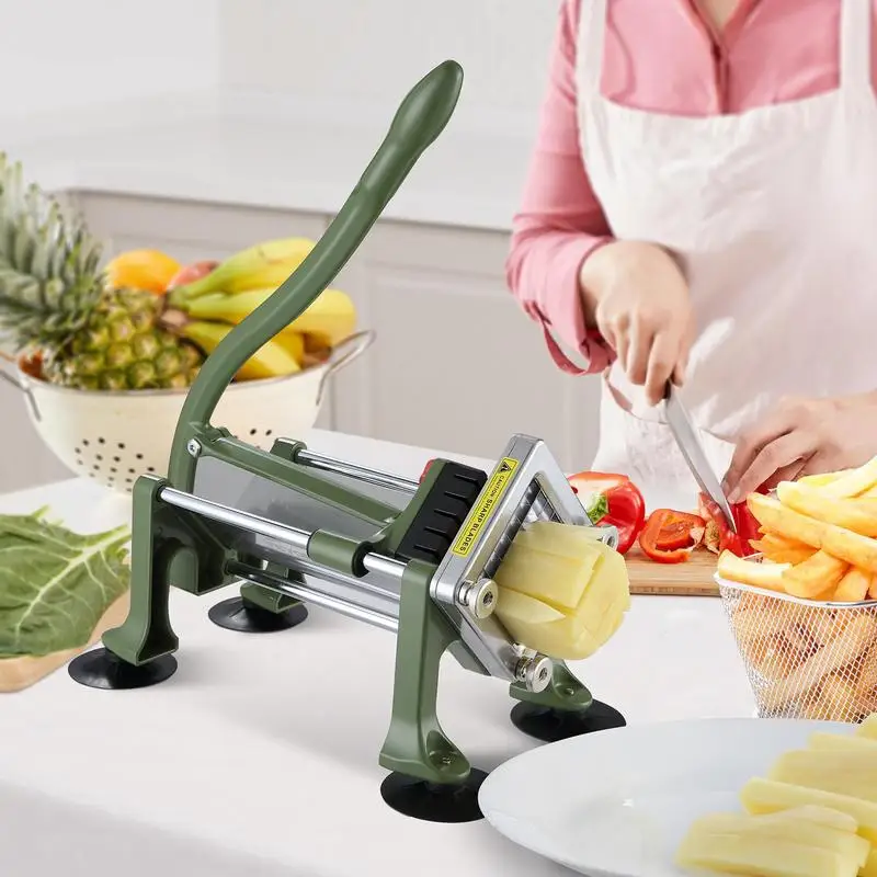 French fry cutter, potato cutter with 1/2 inch & 3/8 inch stainless steel blades, manual potato cutter & chopper with suction cups, ideal for potatoes, French fries, and vegetables