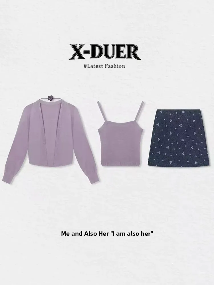 

Faionable Lady Ele Tee-Piece Set Women's 2026 Strap Cardigan Print Skirt Youthful V-Ne Knitted Top Button Sle