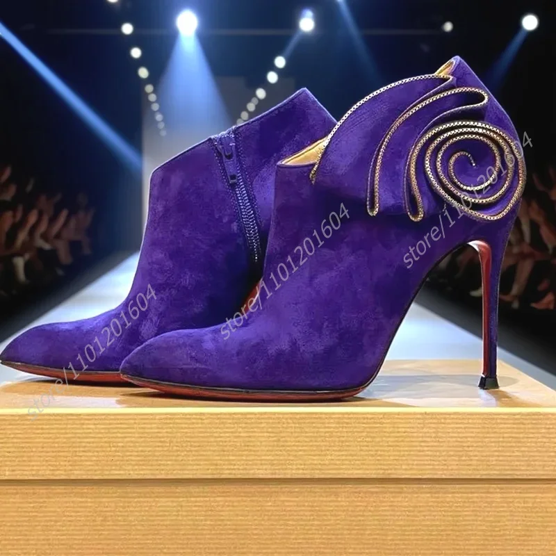 

Dark Blue Purple Rose Lace Design Ankle Boots Women Stiletto Red Sexy Pointed Heel Flower Diamond Crystal Shiny Zip Booties Shoe