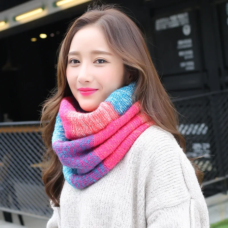 Rainbow Knitted Infinity Scarves for Women Winter Ring Scarf Warm Neckerchief Loop Shawl Circle Snood Neck Guard Foulard