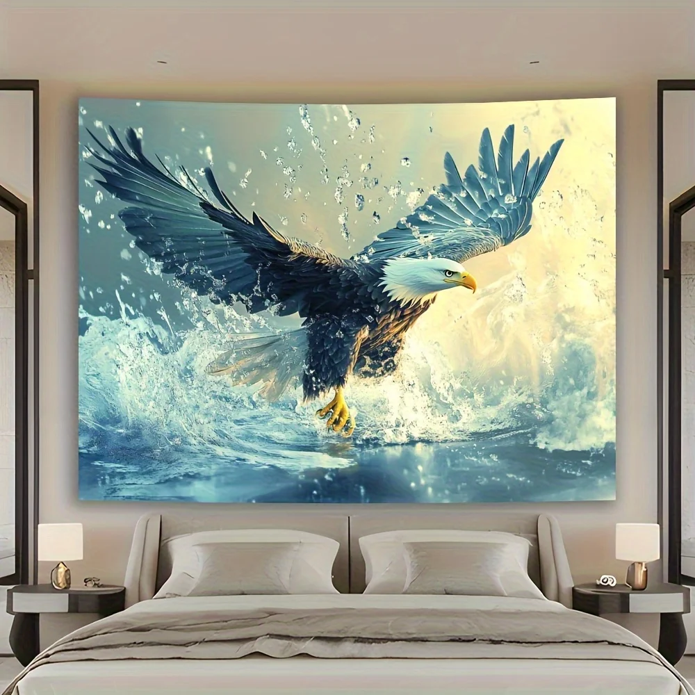 Large Majestic Eagle Wall Tapestry - Vibrant Liquid-Style Dynamic Eagle Design, Durable Peach Light Beige Fabric, Horizontal Ind
