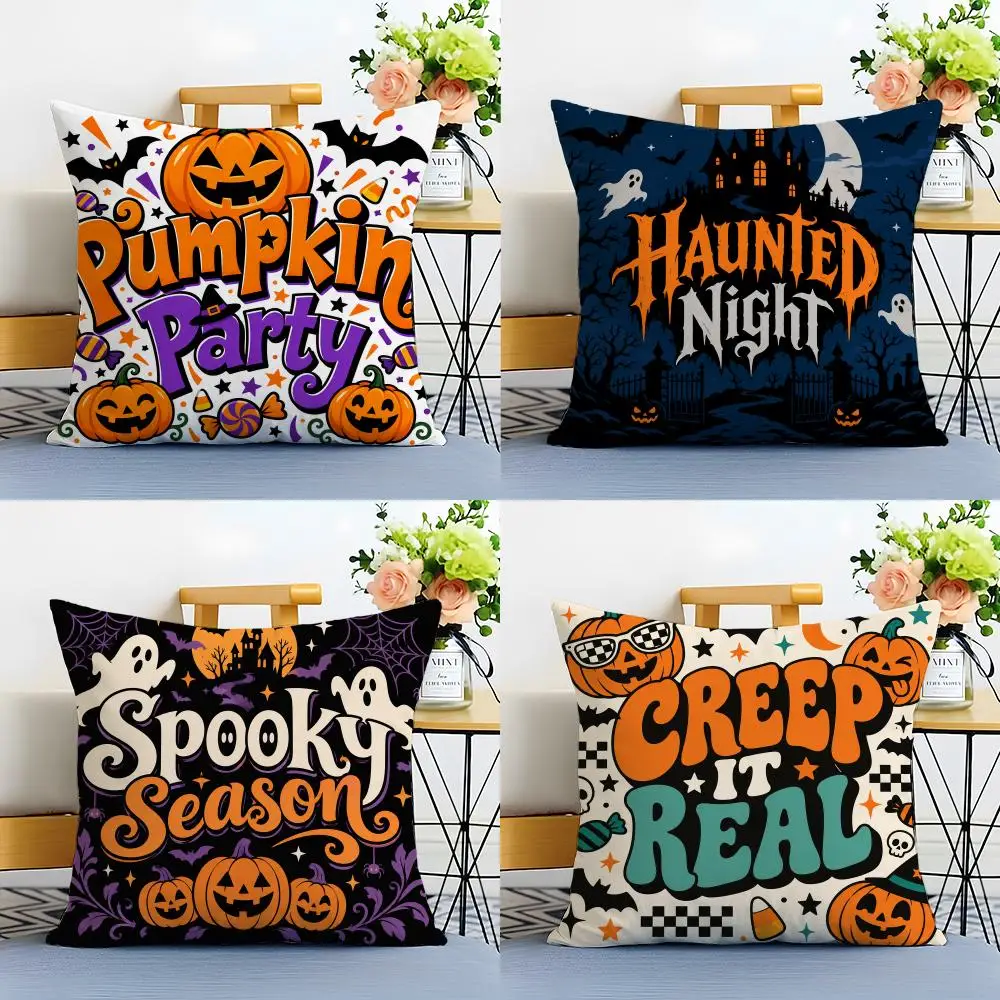 H-Halloween Text Graphic Mix Cushion Cover Linen Minimalist Soft  for Sofa Bed Home Room Decor