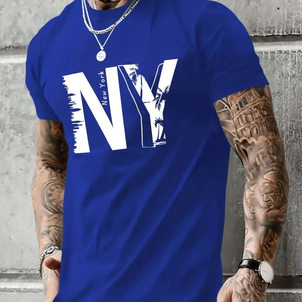 Nueva camiseta de cuello redondo transpirable con estampado de letras NY de tela de poliéster a la moda para hombre, Top cómodo y agradable para la piel al aire libre