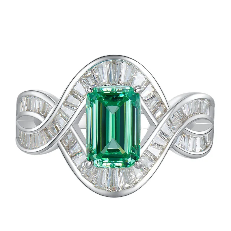 

Artificial Palaiba Green Tourmaline Ring Emerald Cut Rock Sugar T Square Diamond 925 Silver High Carbon New Style