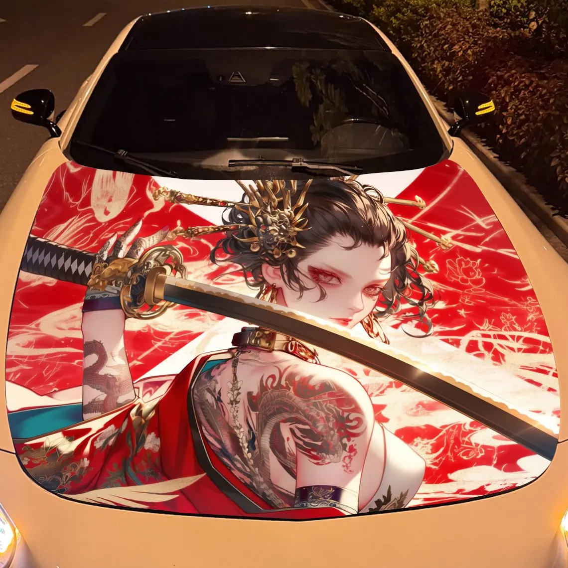 Cool Tattoo Geisha Auto-Vinylfolie, wasserdichter PVC-Autohaubenaufkleber, selbstklebende, kratzfeste Aufkleber für die Motorabdeckung, C