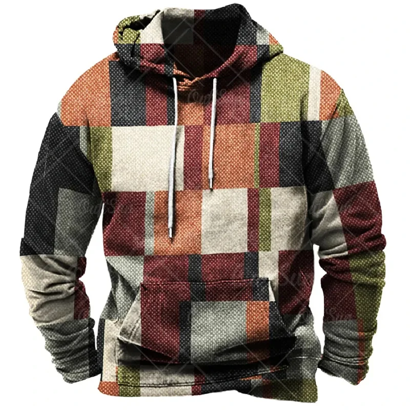 Vintage Hoodies For Men 3d Plaid Print Colorful Hoodie Sweatshirts Long Sleeve Pullovers Street Mens Clothes Casual Unisex Tops