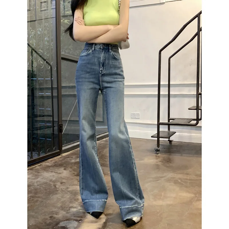 

Flare Pants Denim Spliced High Waist Jean Women Full Length Jeans Pockets Streetwear Loose Washed Basics Zipper Fly Solid