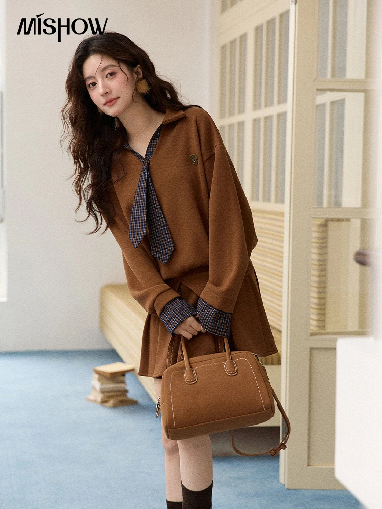 MISHOW Woman Skirt Suit 2025 Winter College Style Fake 2-piece Spliced Sweatshirt Pleated Skirt Casual Woman Sets MXE86T1447