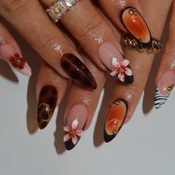 24pcs Brown Leopard Print Press On Nails Cute Stereo Flower Gold Ball Designs False Nail Sweet Cool European Wearable Fake Nail