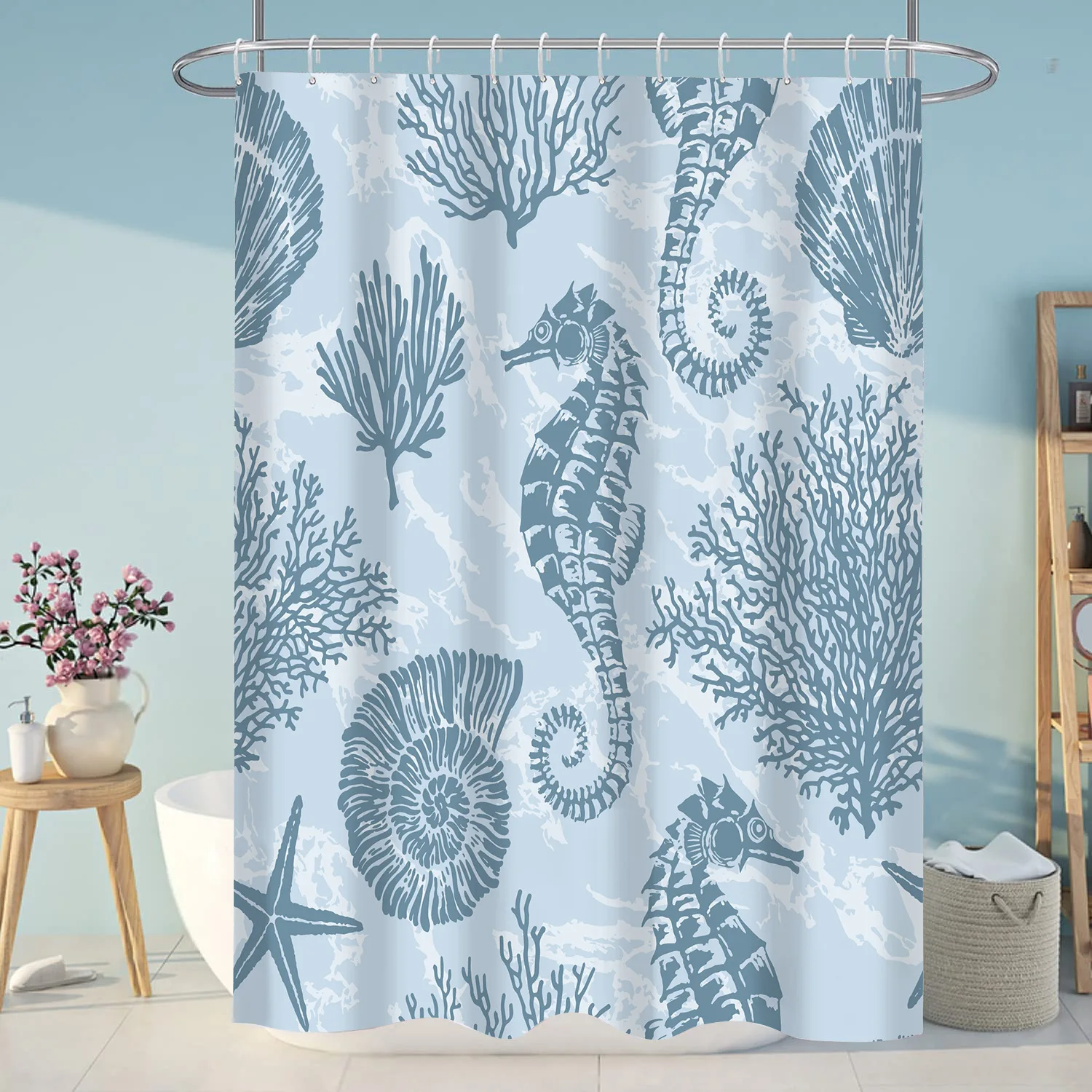 Ocean Underwater World Shower Curtain Starfish Seahorse Bathroom  Home Decor Bath Screen Waterproof Polyester with Hooks