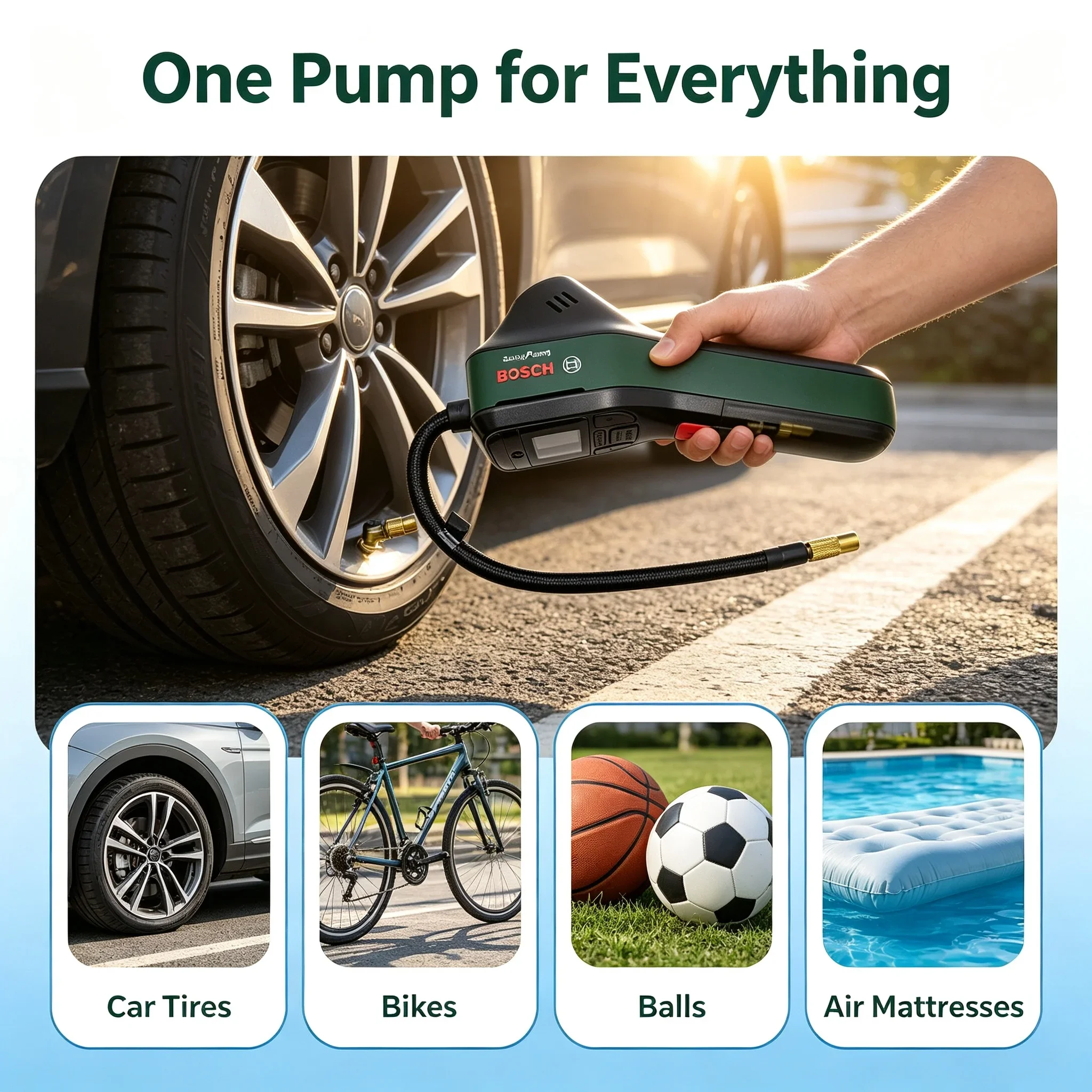 Bosch EasyPump Cordless Portable Air Pump for Bicycle Motorcycle Tires Balls Swim Ring Mini Air Compressor for Car Tyre Inflator