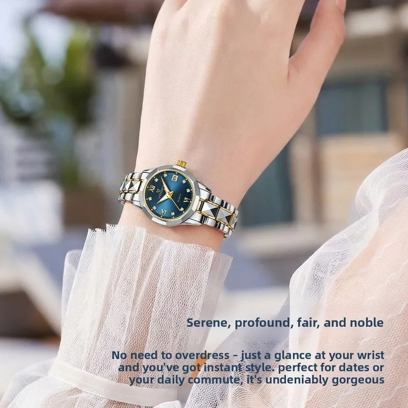 Elegant Women's Quartz Watch with Diamond Accents Deep Sea Blue Gradient Dial Luxury Dress Wristwatch