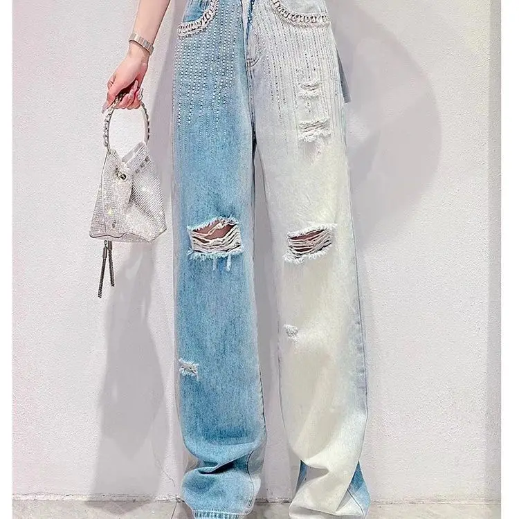 

Heavy Du Design Diamond Paved High Waist Loose Women's Jeans Summer Faion Break Hole Long Pants Slimming Effect