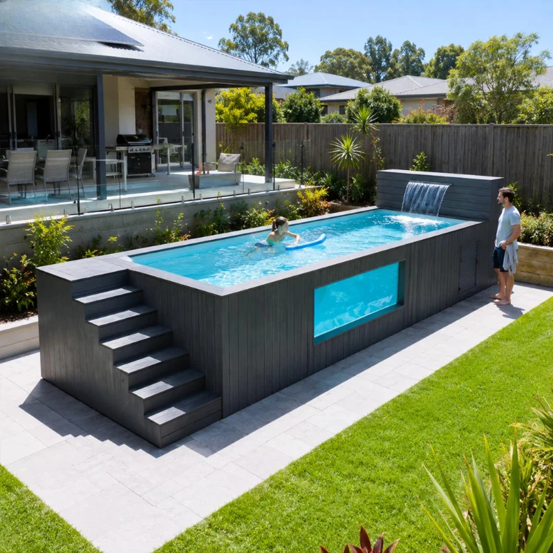2026 New Shipping Container Swimming Pool Custom Size Modular Fiberglass Waterproof Design Outdoor Luxury Above Ground Pool