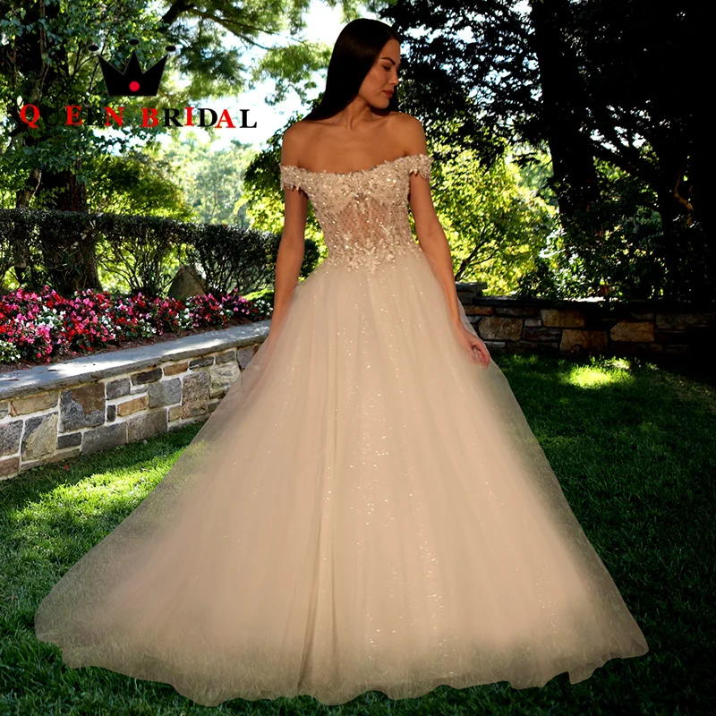 

Graceful Wedding Dresses 2024 Off Shoulder Crystal Appliques Sequined Civil Tulle Bridal Gowns Vestidos De Novia Custom Z48Z
