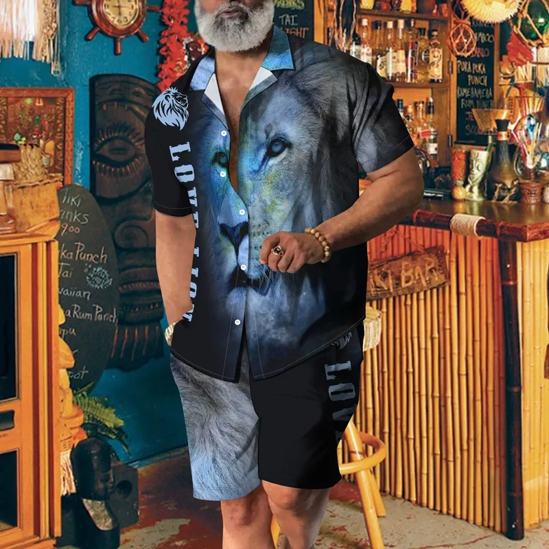 Summer Leopard 3D Print Men Shirt Sets Short Sleeve Shirt Oversized Fashion Beach Shorts Streetwear Hawaiian Suits Clothes