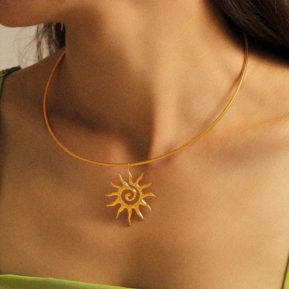 Liora Spiral Sun Pendant Necklace Dangle Earrings For Women Stainless Steel Snake Chain Charm Women Jewelry Sets Party Gifts