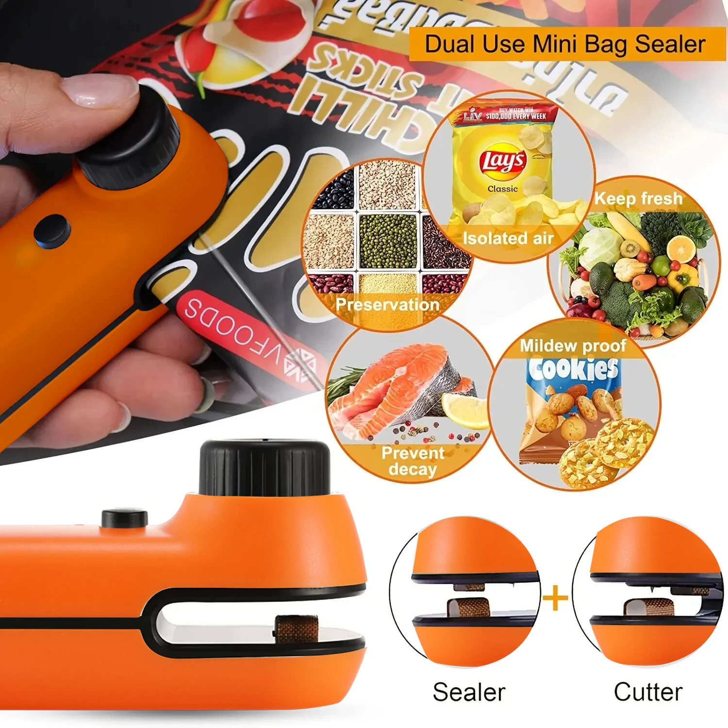 2-in-1 ミニ食品袋シールと切断ナイフしがみつくフィルムシール機充電式ハンドヘルドキッチンに適した