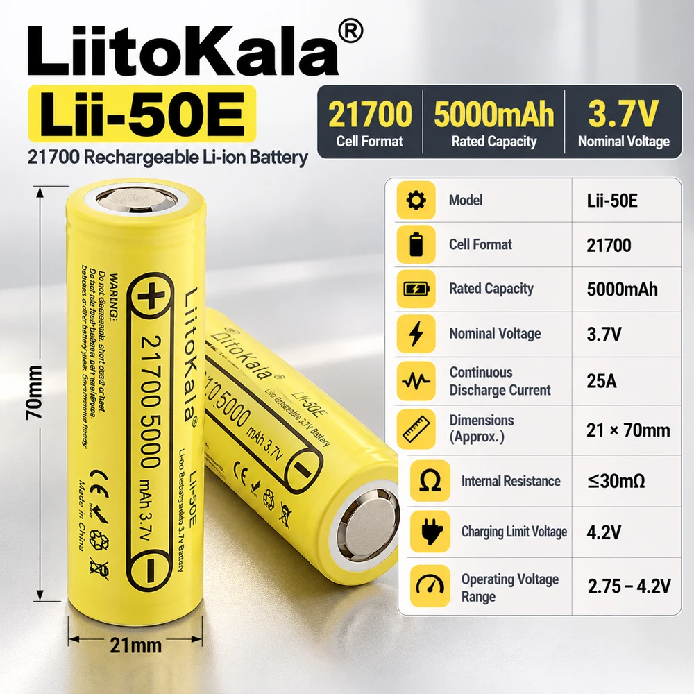 Akumulator LiitoKala Lii-50E 3.7V 21700 5000mAh, ładowalny, o wysokiej mocy rozładowania 5C, do urządzeń elektronicznych i latarek. — zdjęcie produktu 3