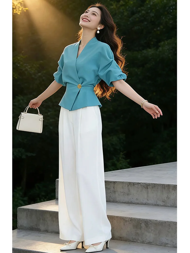 

Summer Fashion plus Size Women's Waist-Cinching V-Neck Top Wide Leg Pants Commute Workwear Stylish Maturity Ensemble Set