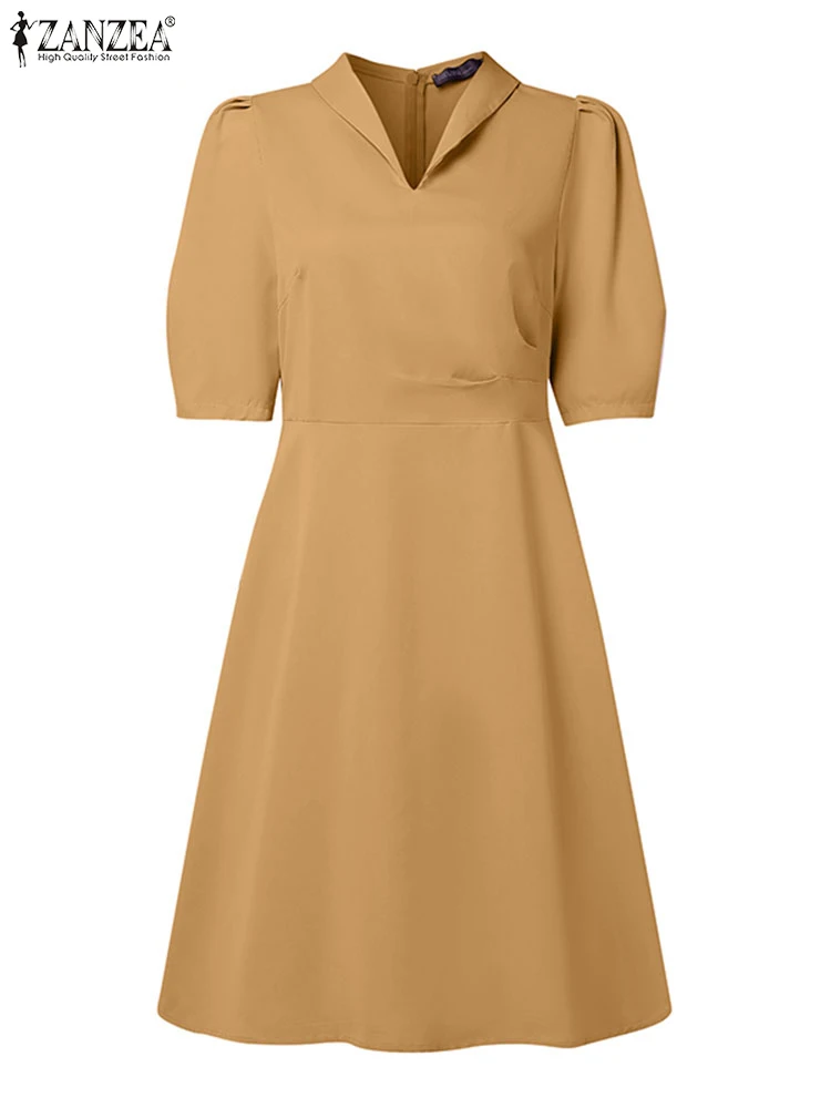 2025 vestido veraniego de verano para mujer ZANZEA elegante cuello en V manga corta trabajo OL vestido elegante sólido vacaciones hasta la rodilla Vestidos Sarafans