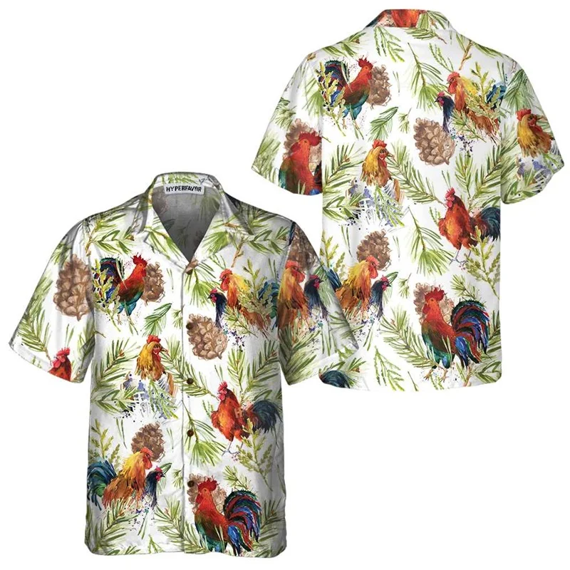 Happy Rooster Printed Hawaiian Shirt For Men Casual Short Sleeve Oversized Holiday Shirts Men's Button Up Surfing Shirt