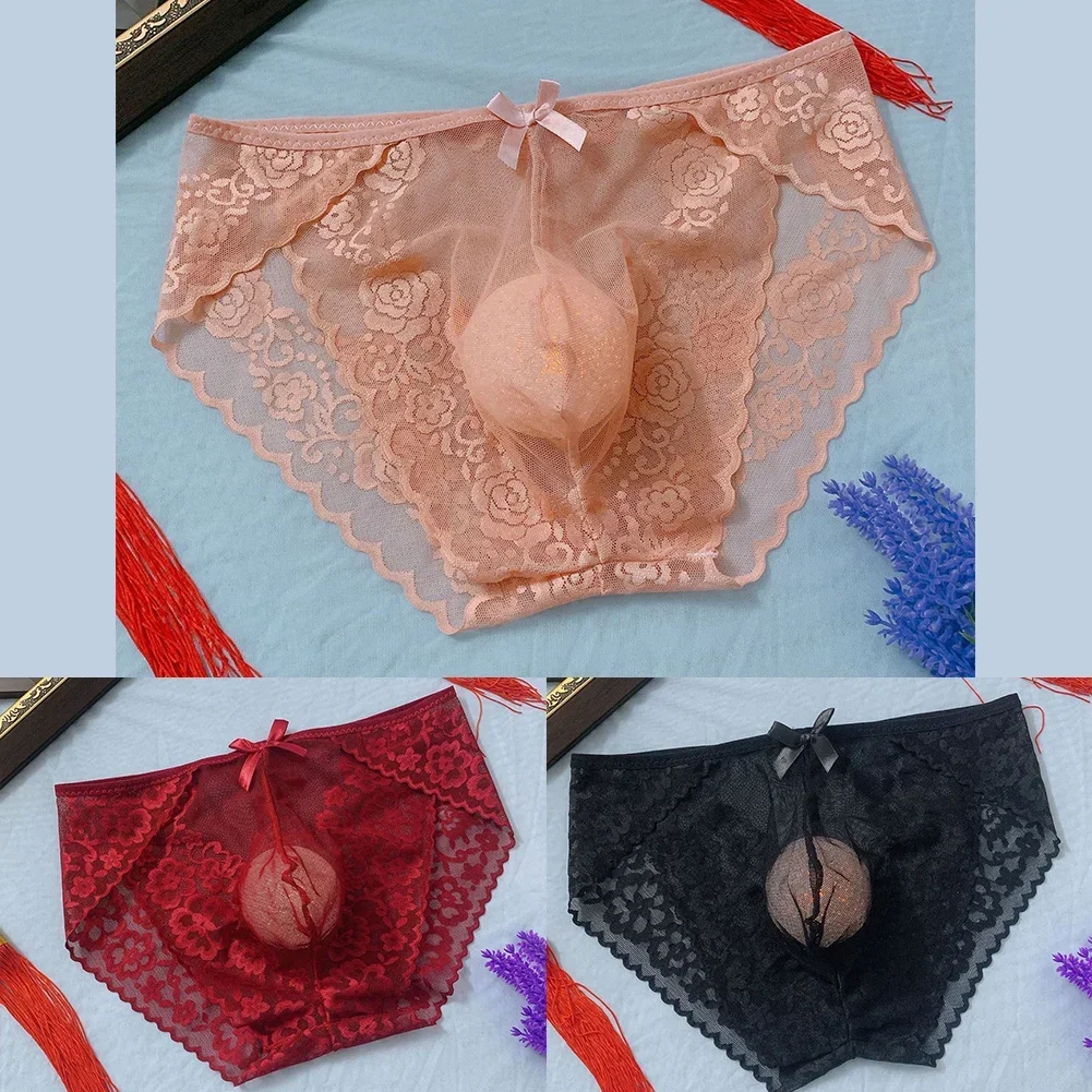 Men Sexy Erotic Lace Traceless Low Rise U Convex Lace Transparent Panties Briefs Underwear Lingerie Spicy Mens Briefs Shorts