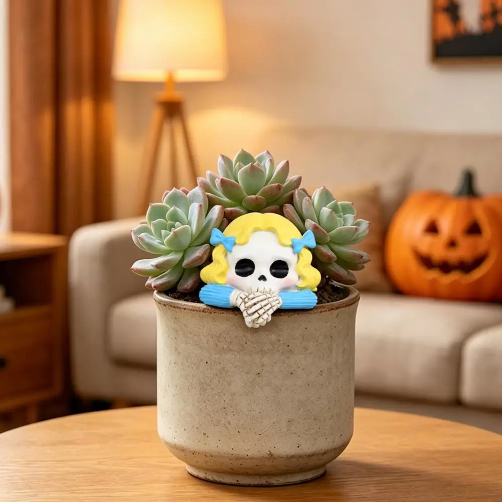 1pc Halloween Blonde Skeleton Girl Edge Sitter Resin Statue Blue Bows Gothic Outdoor Garden Plant Pot Decor