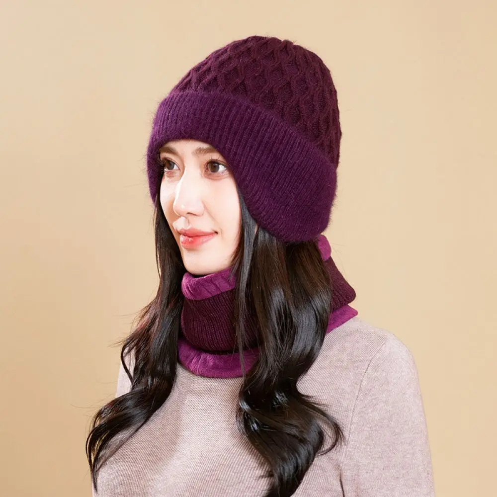 Women Winter Warm Knit Cap Thick Plush Lined Earflap Scarf Integrated Beanie For Grandma Mom Outdoor Cold Protection Gear