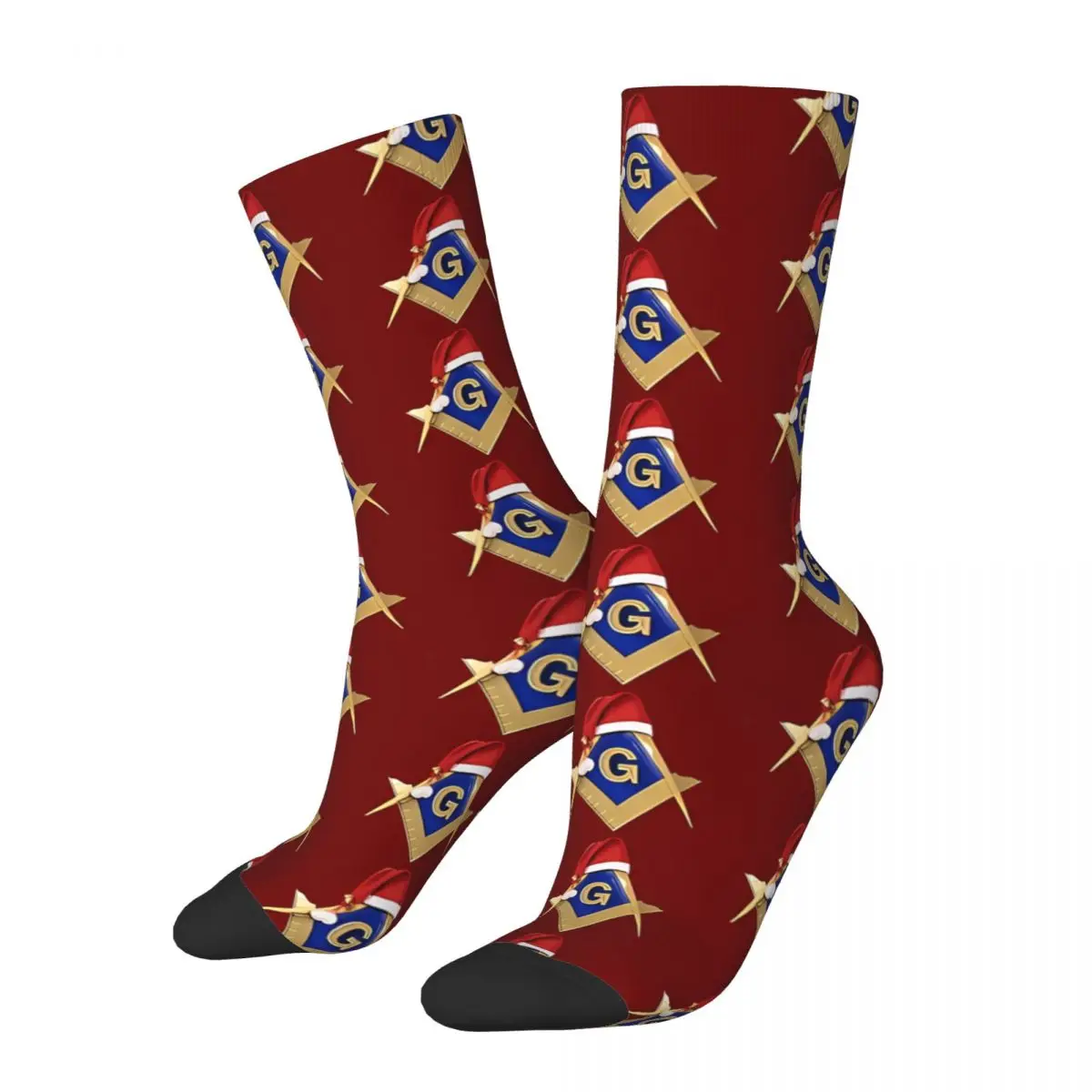 Funny Crazy Sock for Men Santa's Hat Red Holiday Square Compass Gold Masonic Hip Hop Freemason Pattern Printed Crew Sock Gift