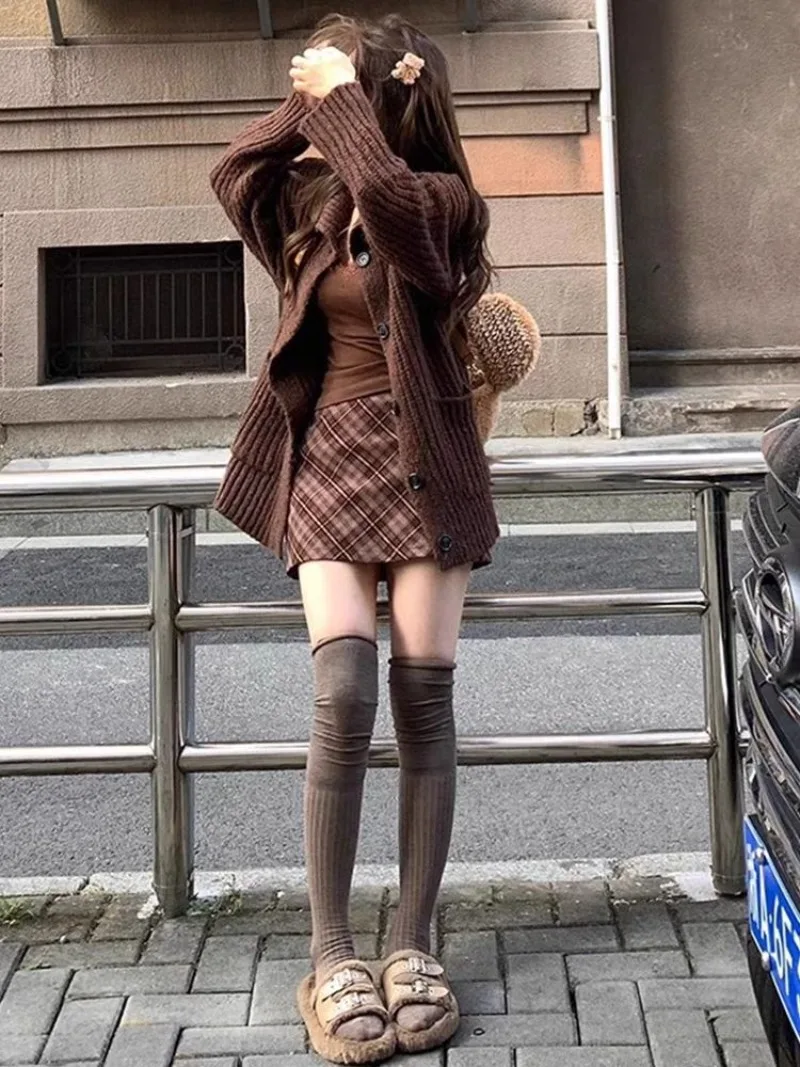 Fashion Autumn and Winter Lazy Style Cardigan Sweater Plaid Half Skirt High-end Two-piece Set Female Clothing