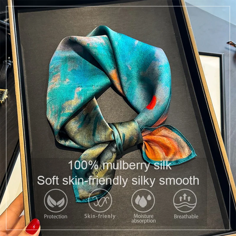 

2025 Luxury 100% Mulberry Silk Scarf Women Oil Painting Print Bandana Shawl Lady Neckerchief Handkerchief Female Decorative Wrap