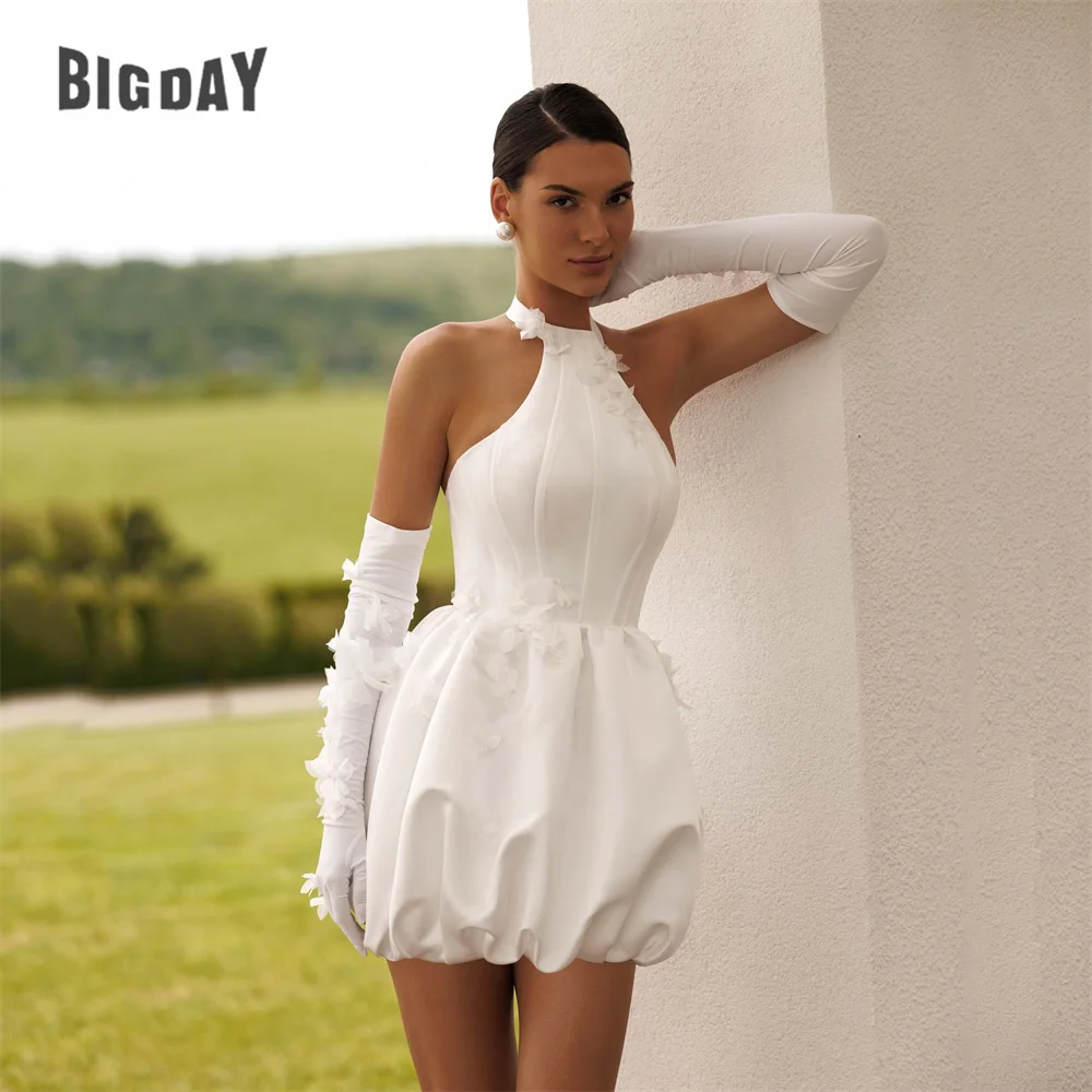 

BIGDAY Hater Flowers Sheath Short Wedding Dress Women Backless Pleat Sleeveless Mini Bridal Gown Vestido De Noiva Customized