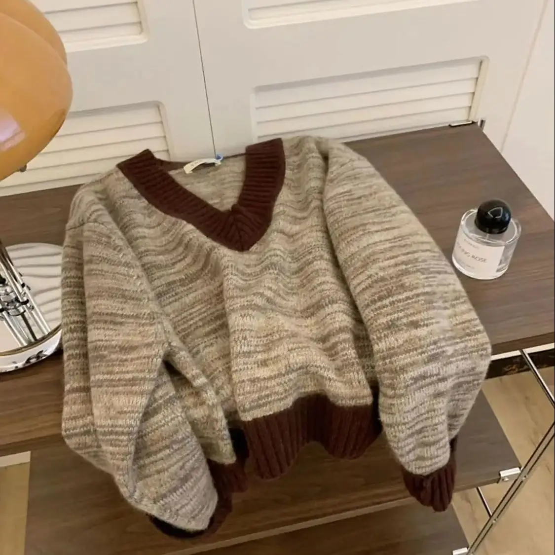 Maillard Pullover Sweater Coffee Color V-Neck Women Autumn Winter Outer Wear Lazy Style Short Winter Thickened Inner Sweater