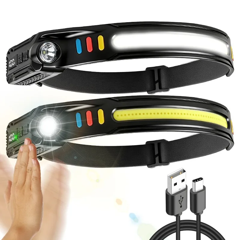 NewCOB LED Headlamp Induction Digital Display Built-in Battery USB Rechargeable Head Flashlight Camping Fishing Sensor Headlight