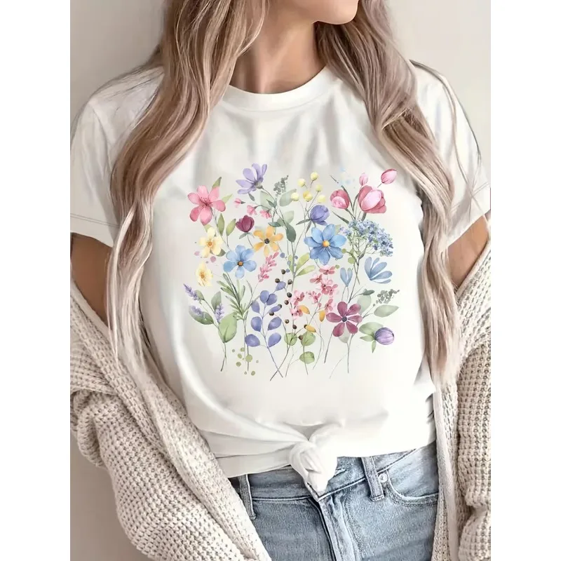 Watercolor Wildflower Bouquet T-Shirt Women’s Casual Crew Neck Short Sleeve Botanical Cottagecore Aesthetic Top for Daily Wear
