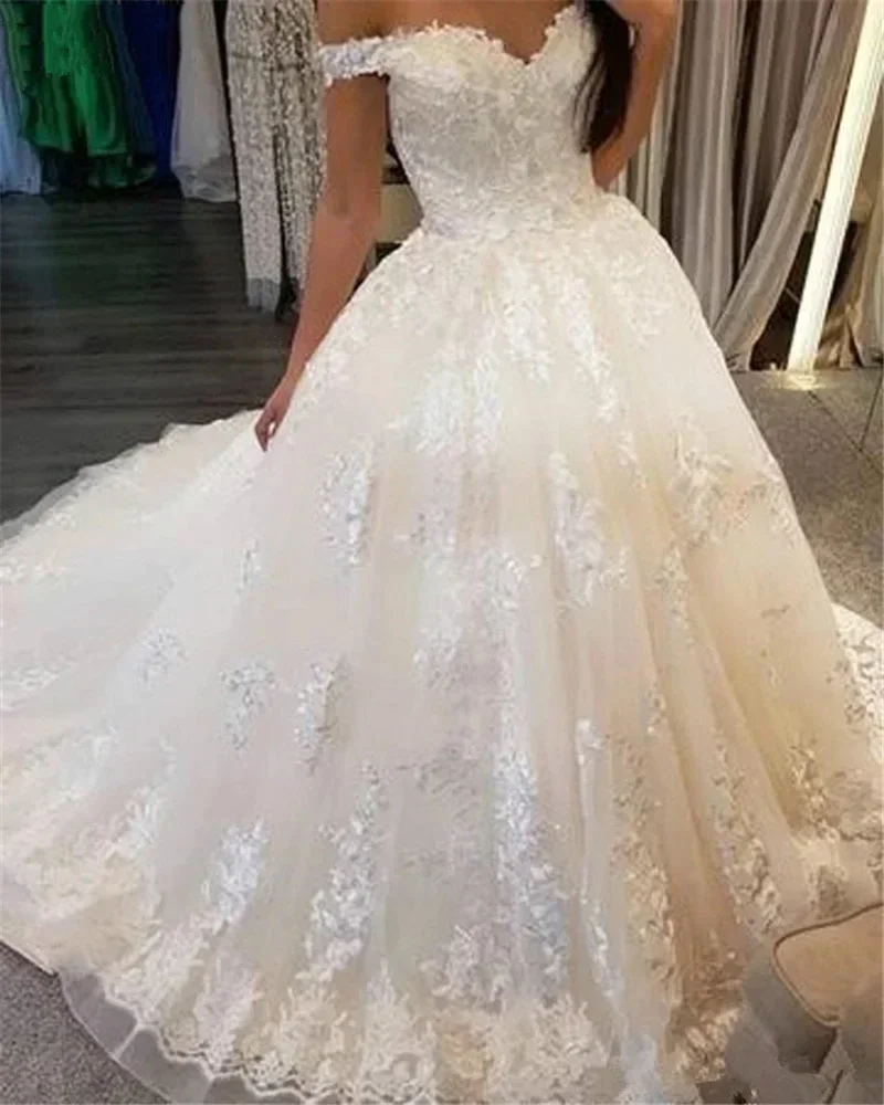 

Customized Sweetheart Lace Appliques Wedding Dress Vestido De Noiva Corset Back Ballgown Off The Shoulder Bridal Gown