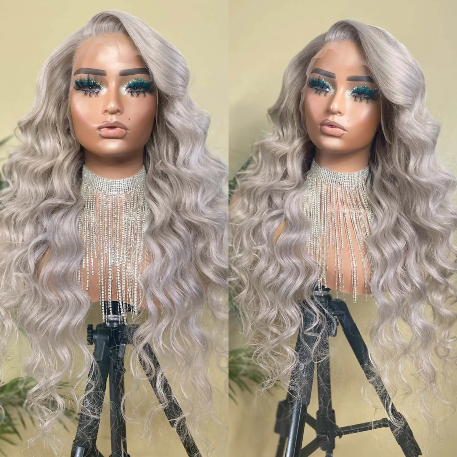 בלונדינית כסף פאה בלונדינית ארוך מתולתל שיער סינתטי צד חלק אפור בהיר רופף עמוק גל 13 x4 מול פאות תחרה לנשים