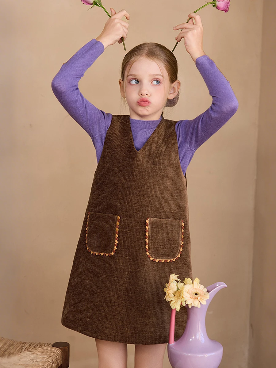 Girls Corduroy Winter Dress | Purple Brown Cotton Padded New Year Party Pinafore/Jumper | Long Sleeve Warm Toddler Dress