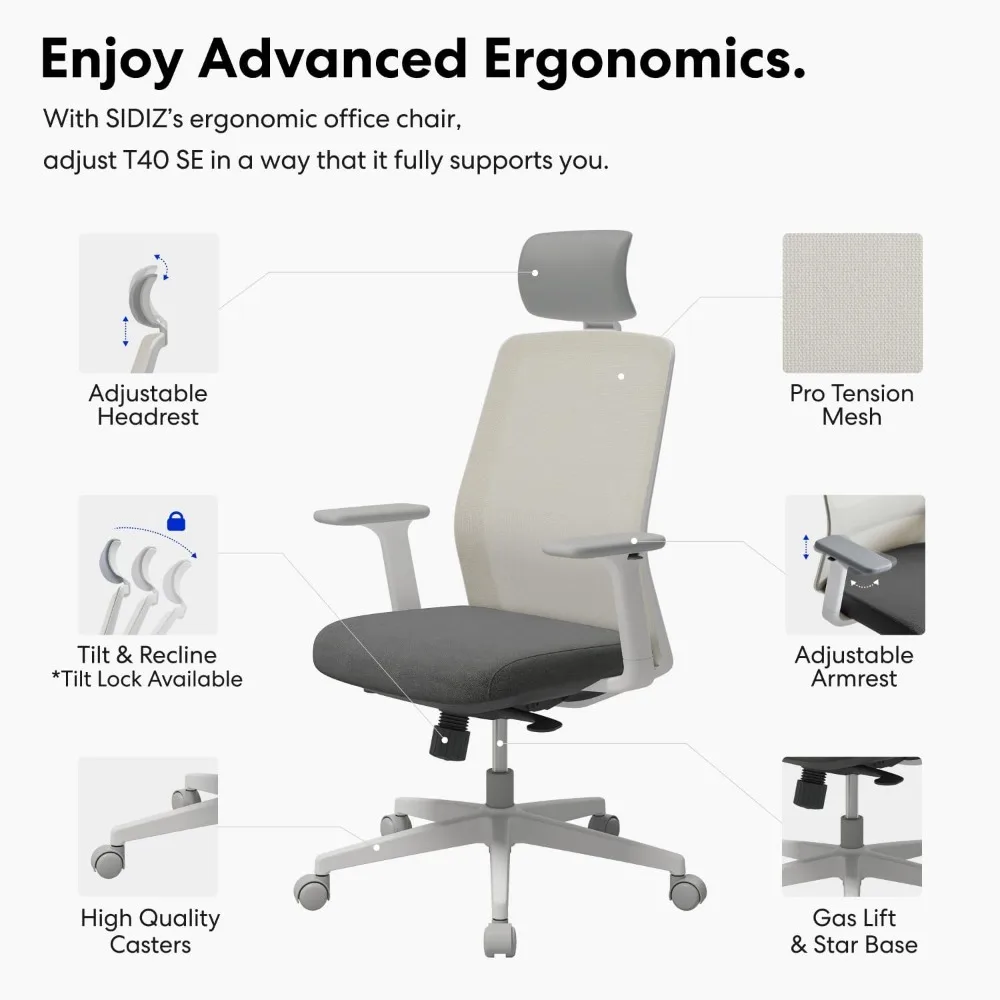 Cadeira de escritório ergonômica: cadeira confortável de escritório doméstico para usuários leves com trava de inclinação reclinável, encosto de cabeça, braços 3D (cinza)