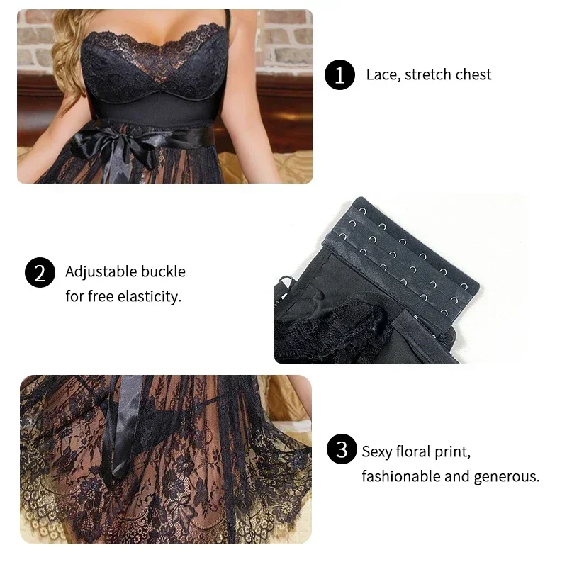 Lingerie per donna Babydoll in pizzo Camicia da notte Spalline per spaghetti Chemise Camicia da notte Indumenti da notte sexy con perizoma