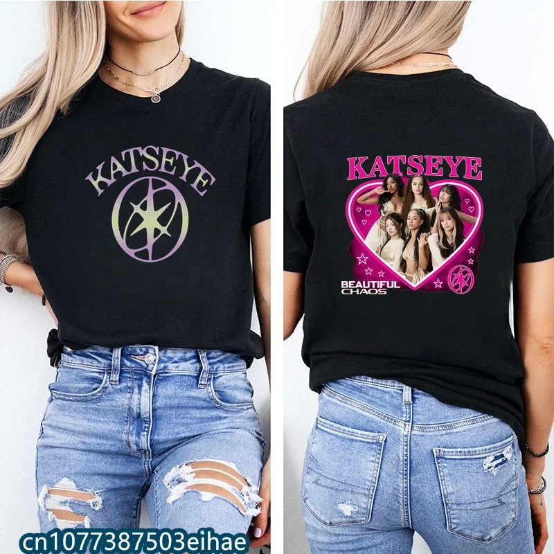 Vintage KATSEYE Pattern Tee Stylish K-pop Korean Outfit Soft Pure Cotton Loose Fit Street Clothes for Ladies and Teen Girls